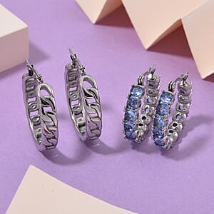 Set of 2 Simulated Blue Diamond and Curb Hoop Earrings in Stainless Steel