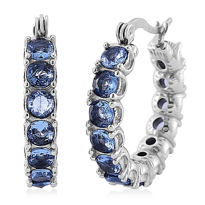 Set of 2 Simulated Blue Diamond and Curb Hoop Earrings in Stainless Steel