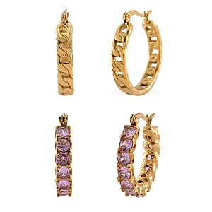 Set of 2 Simulated Pink Diamond and Curb Hoop Earrings in ION Plated YG Stainless Steel