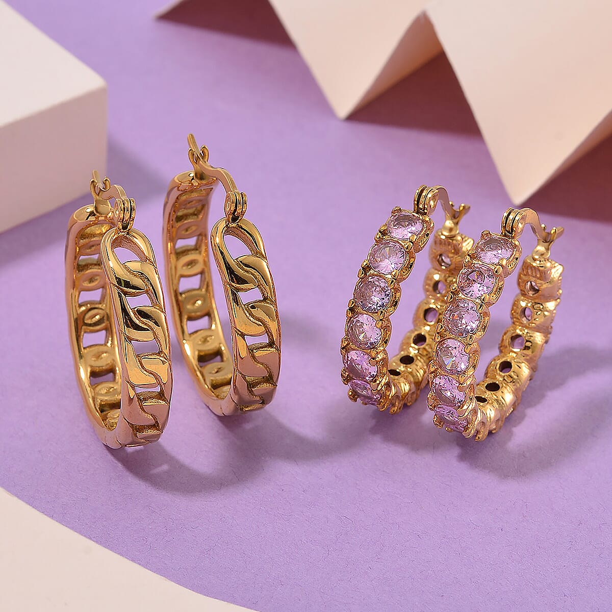 Set of 2 Simulated Pink Diamond and Curb Hoop Earrings in ION Plated YG Stainless Steel image number 1