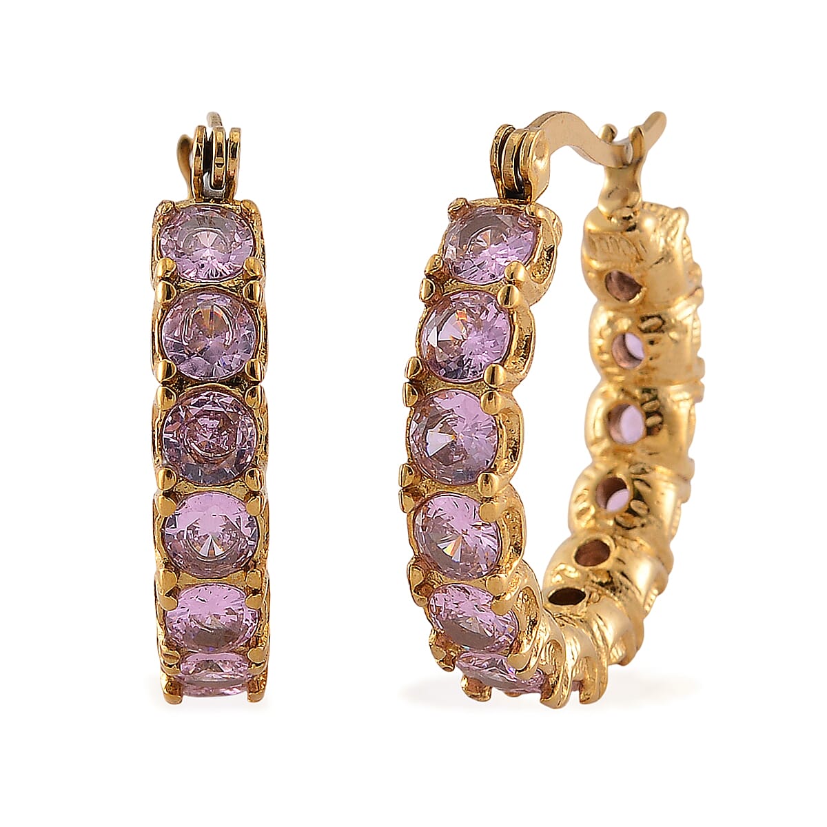 Set of 2 Simulated Pink Diamond and Curb Hoop Earrings in ION Plated YG Stainless Steel image number 4