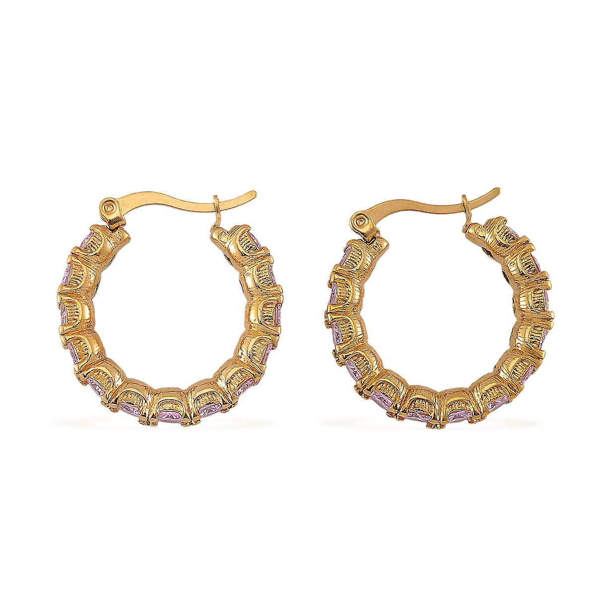 Set of 2 Simulated Pink Diamond and Curb Hoop Earrings in ION Plated YG Stainless Steel image number 5
