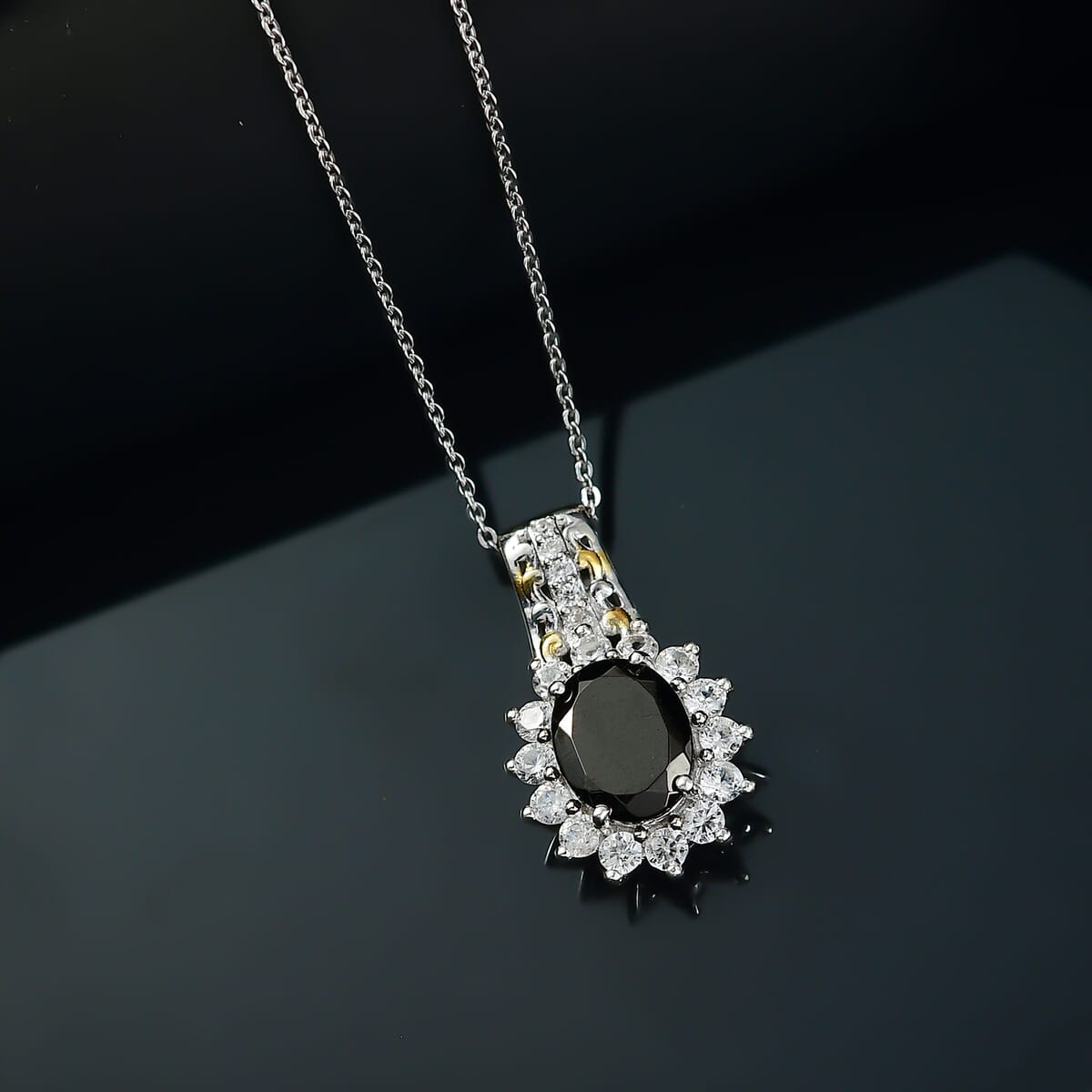 Elite Shungite and White Zircon 1.90 ctw Pendant Necklace in 18K Vermeil YG and Rhodium Over Sterling Silver 20 Inches image number 1