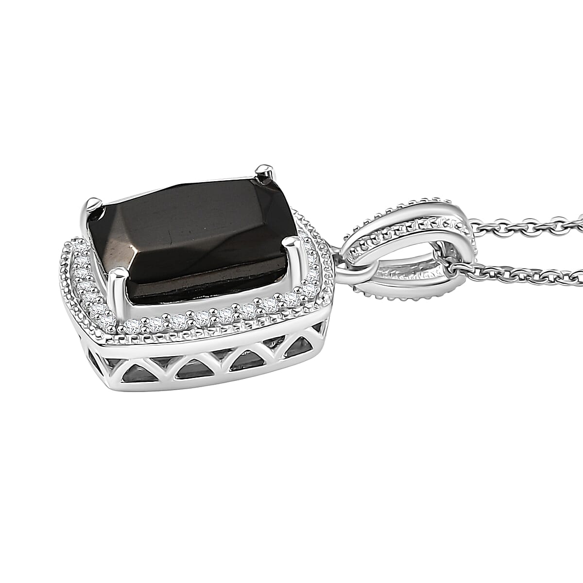 D'Joy Elite Shungite and White Zircon 1.60 ctw Pendant Necklace in Rhodium Over Sterling Silver 20 Inches image number 3