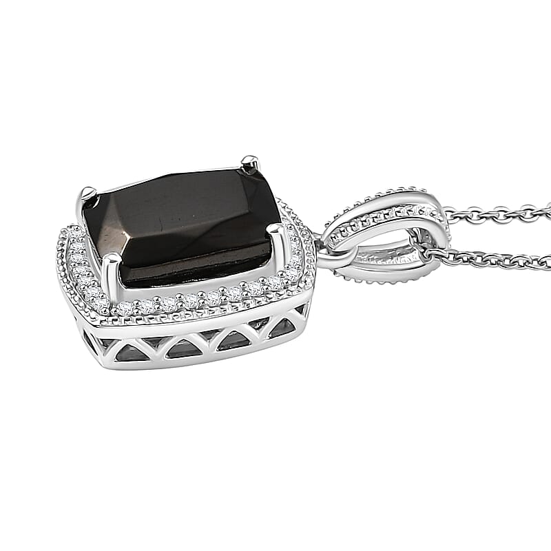 D'Joy Elite Shungite and White Zircon 1.60 ctw Pendant Necklace in Rhodium Over Sterling Silver 20 Inches