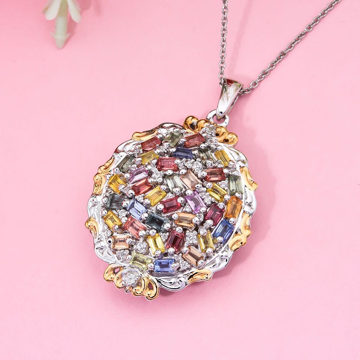 Multi Sapphire and White Zircon 4.15 ctw Prism Blossom Pendant Necklace in 18K Vermeil YG and Rhodium Over Sterling Silver 20 Inches image number 1