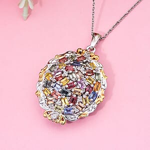 Multi Sapphire and White Zircon 4.15 ctw Prism Blossom Pendant Necklace in 18K Vermeil YG and Rhodium Over Sterling Silver 20 Inches