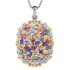 Multi Sapphire and White Zircon 4.40 ctw Prism Blossom Pendant Necklace in 18K Vermeil YG and Rhodium Over Sterling Silver 20 Inches