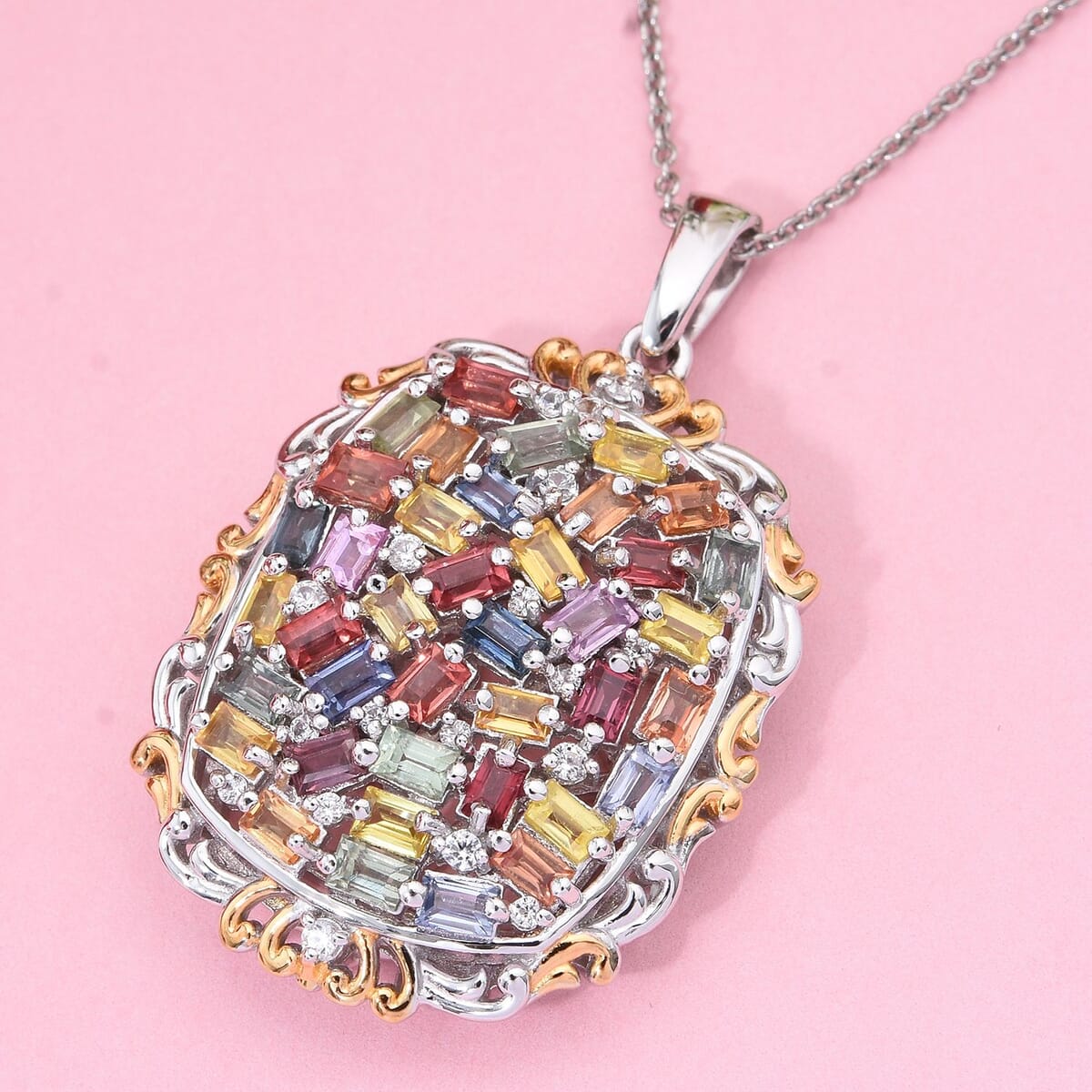 Multi Sapphire and White Zircon 4.40 ctw Prism Blossom Pendant Necklace in 18K Vermeil YG and Rhodium Over Sterling Silver 20 Inches image number 1