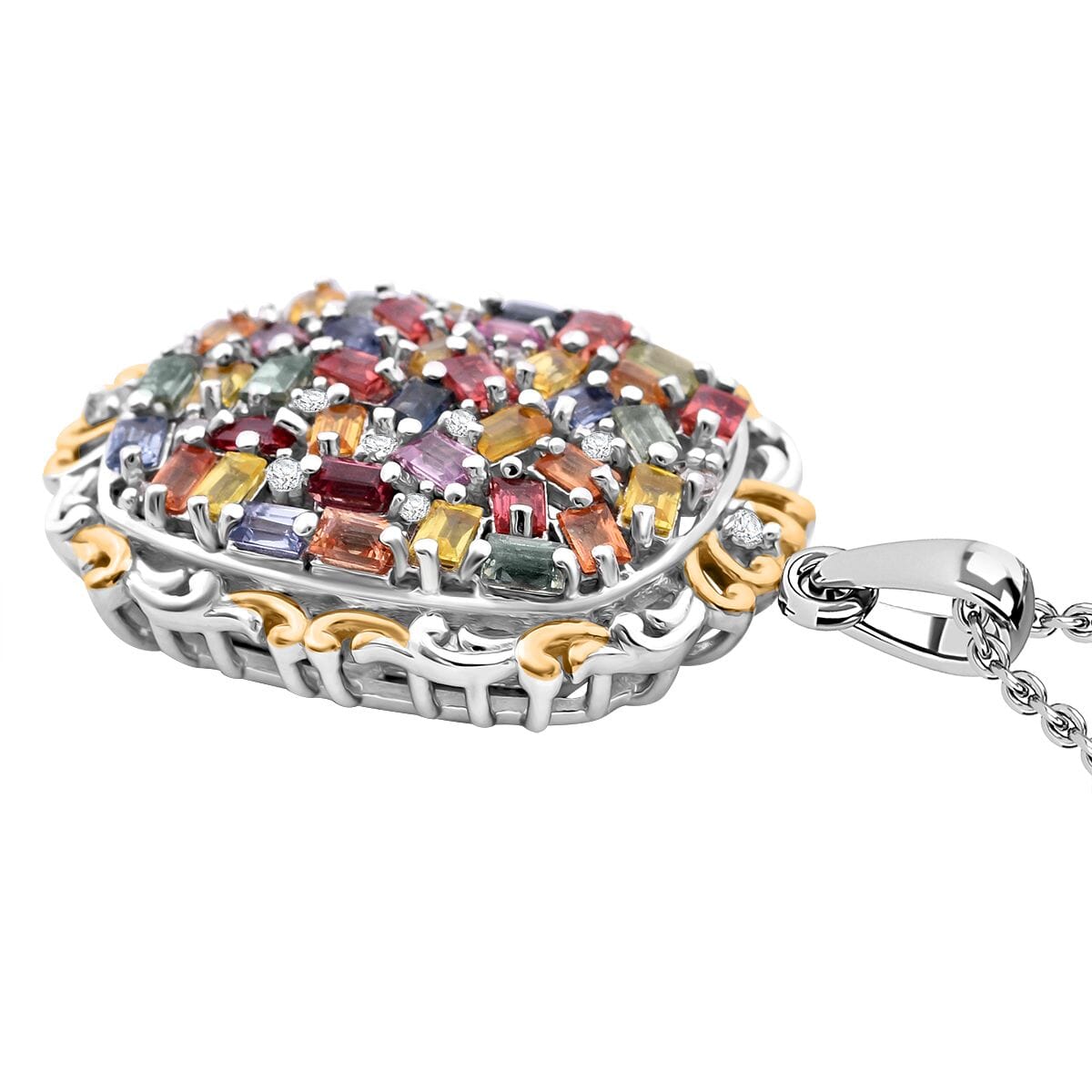 Multi Sapphire and White Zircon 4.40 ctw Prism Blossom Pendant Necklace in 18K Vermeil YG and Rhodium Over Sterling Silver 20 Inches image number 3