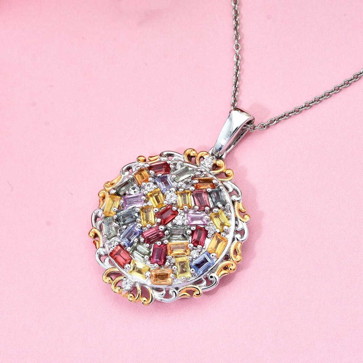 Multi Sapphire and White Zircon 3.50 ctw Prism Blossom Pendant Necklace in 18K Vermeil YG and Rhodium Over Sterling Silver 20 Inches image number 1