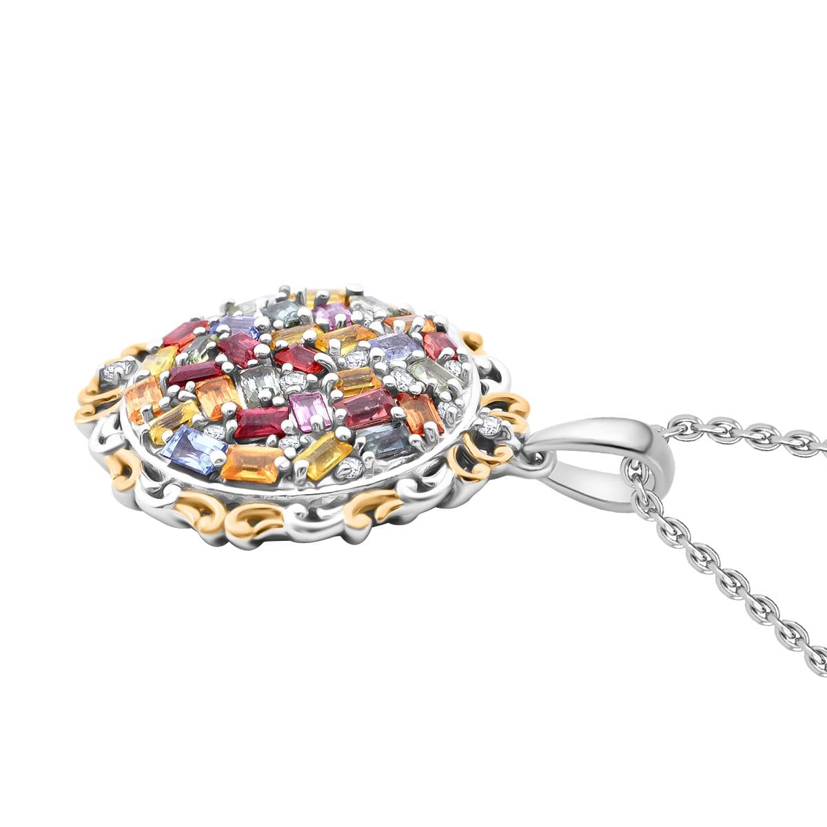 Multi Sapphire and White Zircon 3.50 ctw Prism Blossom Pendant Necklace in 18K Vermeil YG and Rhodium Over Sterling Silver 20 Inches image number 3