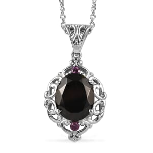 Elite Shungite and Orissa Rhodolite Garnet 2.65 ctw Victorian Twilight Pendant Necklace in Stainless Steel 20 Inches