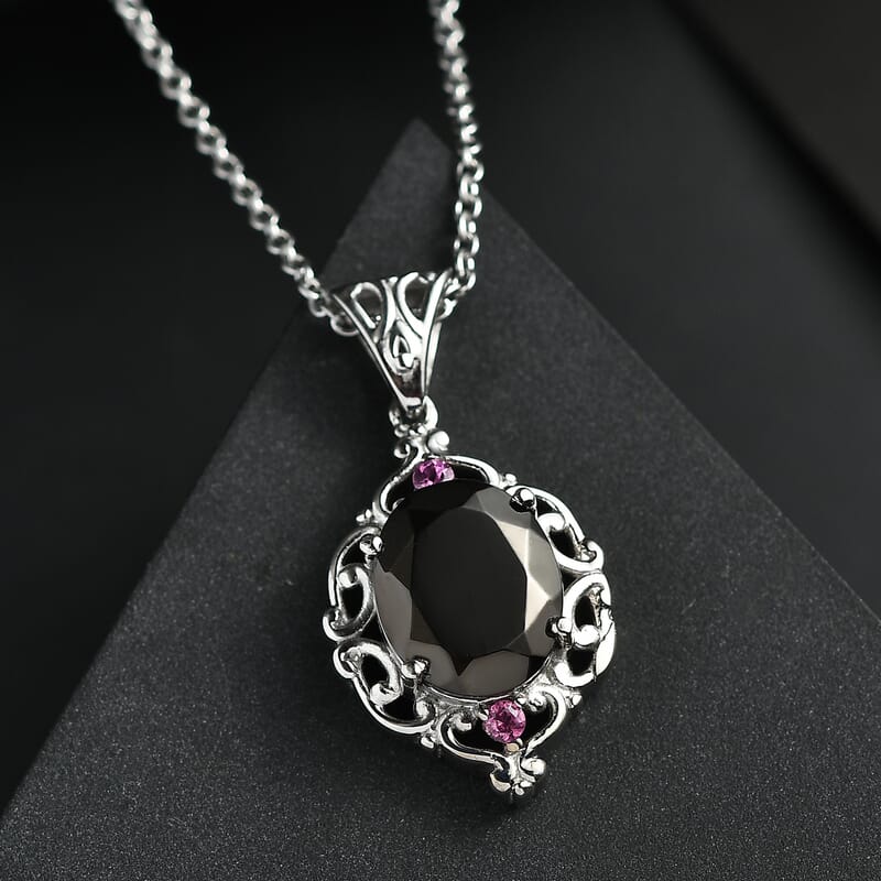 Elite Shungite and Orissa Rhodolite Garnet 2.65 ctw Victorian Twilight Pendant Necklace in Stainless Steel 20 Inches