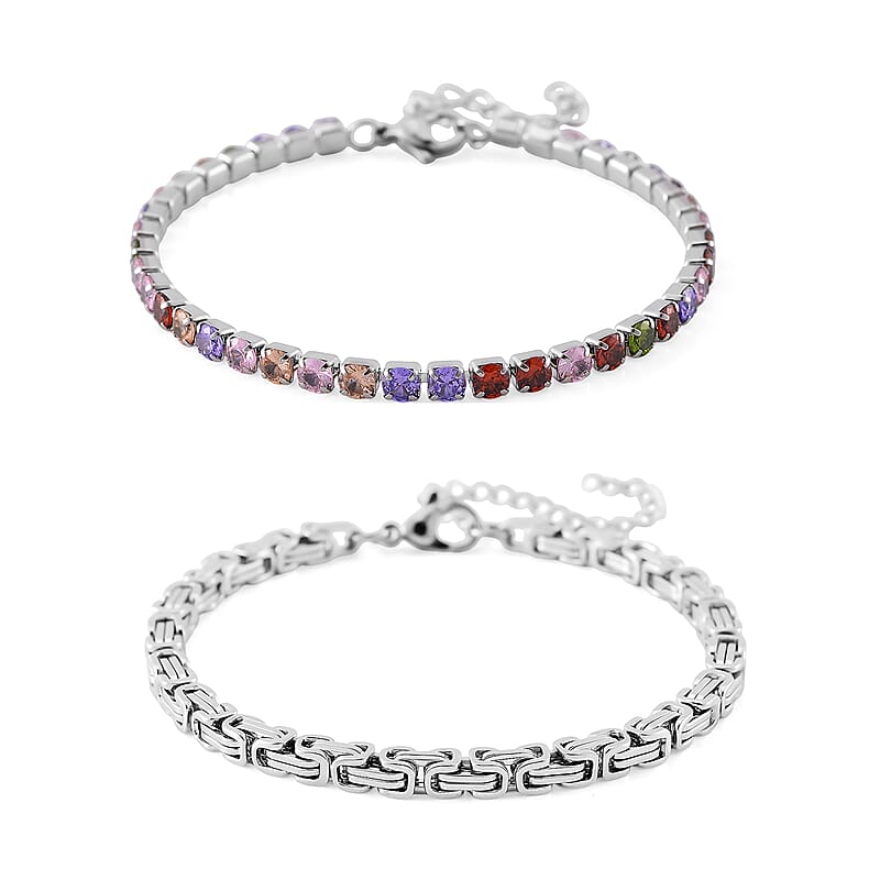 Simulated Multi Color Diamond Set of 2 Tennis and Byzantine Bracelet in Stainless Steel (7.50-9.0In)