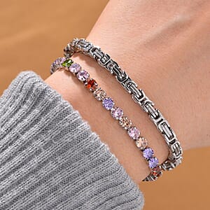 Simulated Multi Color Diamond Set of 2 Tennis and Byzantine Bracelet in Stainless Steel (7.50-9.0In)