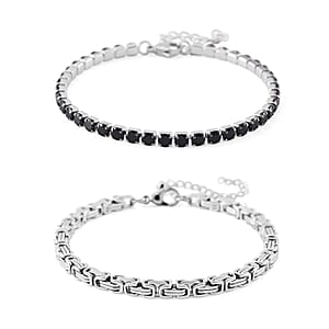 Simulated Black Diamond Set of 2 Tennis and Byzantine Bracelet in Stainless Steel (7.50-9.0In)