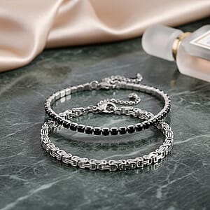 Simulated Black Diamond Set of 2 Tennis and Byzantine Bracelet in Stainless Steel (7.50-9.0In)