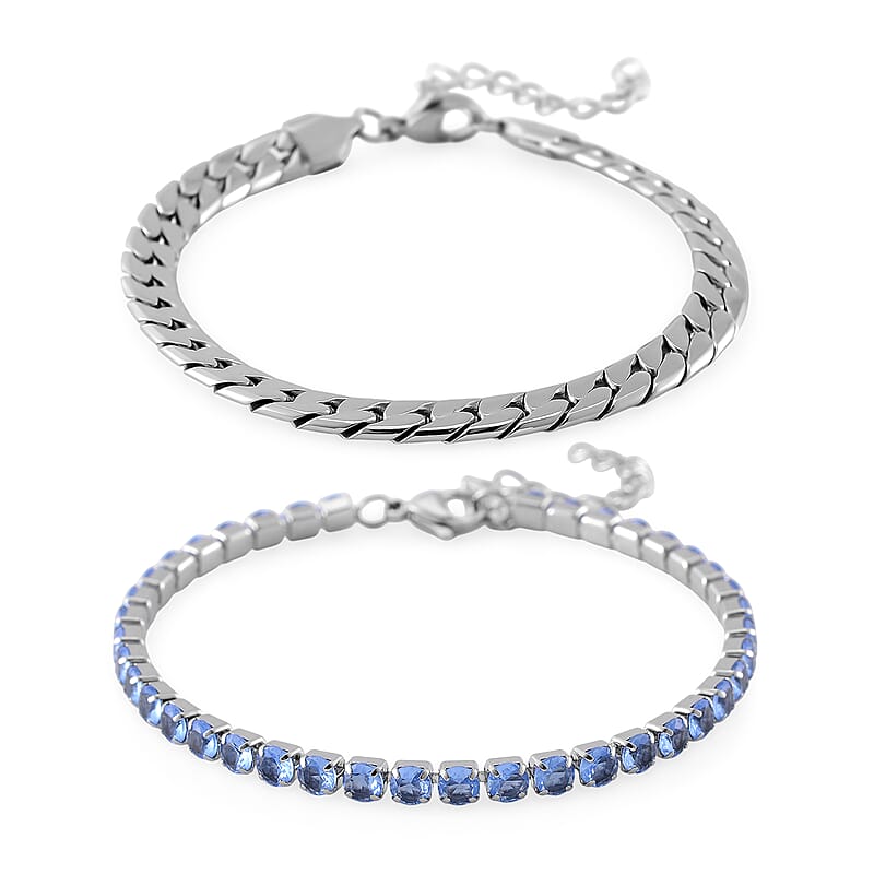 Simulated Blue Diamond Set of 2 Tennis and Curb Bracelet in Stainless Steel (7.50-9.0In)