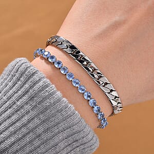 Simulated Blue Diamond Set of 2 Tennis and Curb Bracelet in Stainless Steel (7.50-9.0In)
