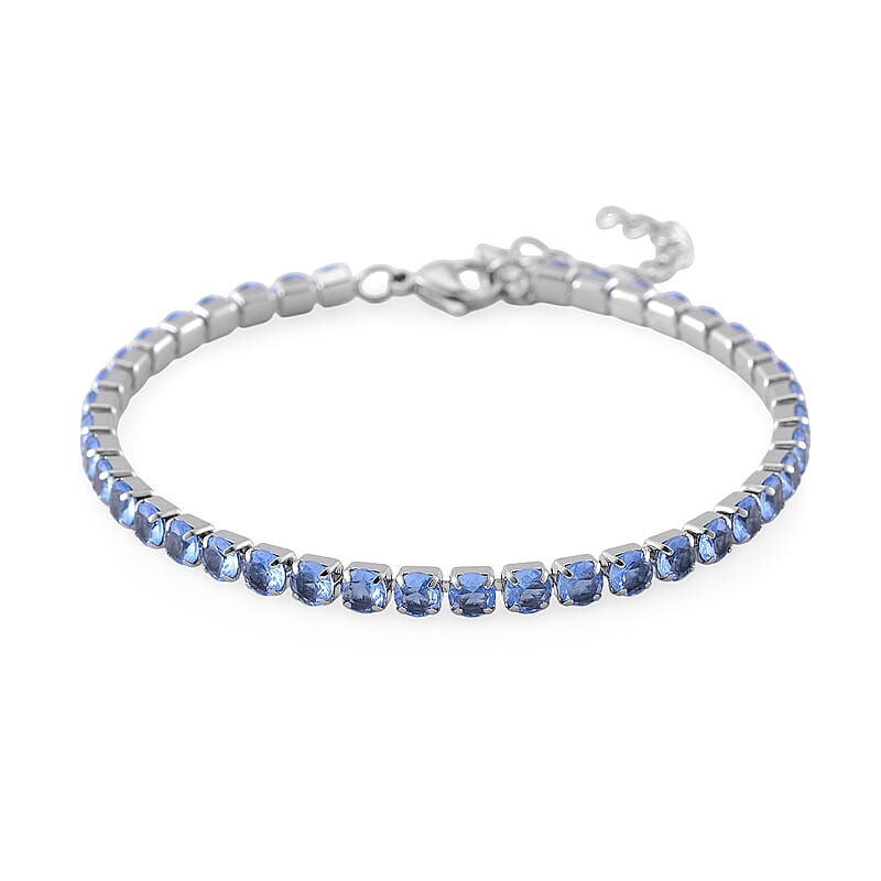 Simulated Blue Diamond Set of 2 Tennis and Curb Bracelet in Stainless Steel (7.50-9.0In)