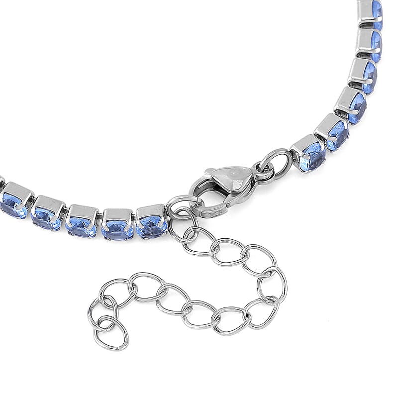 Simulated Blue Diamond Set of 2 Tennis and Curb Bracelet in Stainless Steel (7.50-9.0In)