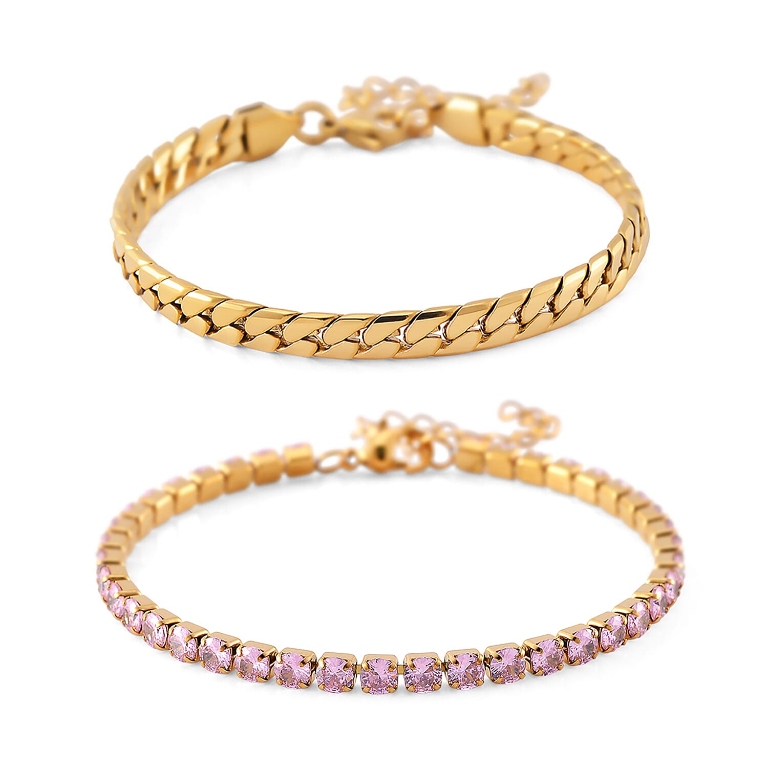Simulated Pink Diamond Set of 2 Tennis and Curb Bracelet in ION Plated YG Stainless Steel (7.50-8.0In)