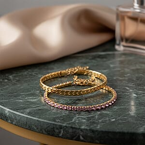 Simulated Pink Diamond Set of 2 Tennis and Curb Bracelet in ION Plated YG Stainless Steel (7.50-8.0In)