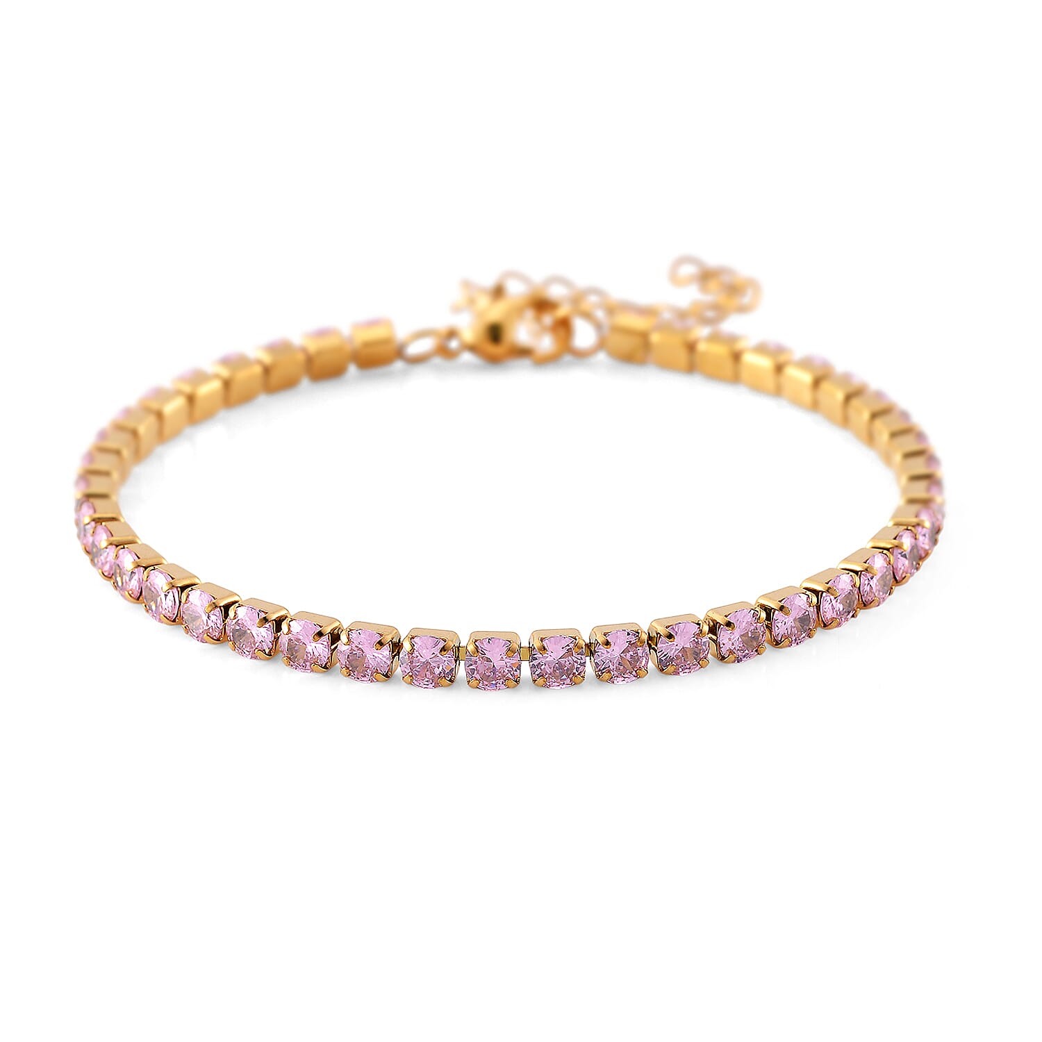 Simulated Pink Diamond Set of 2 Tennis and Curb Bracelet in ION Plated YG Stainless Steel (7.50-8.0In)