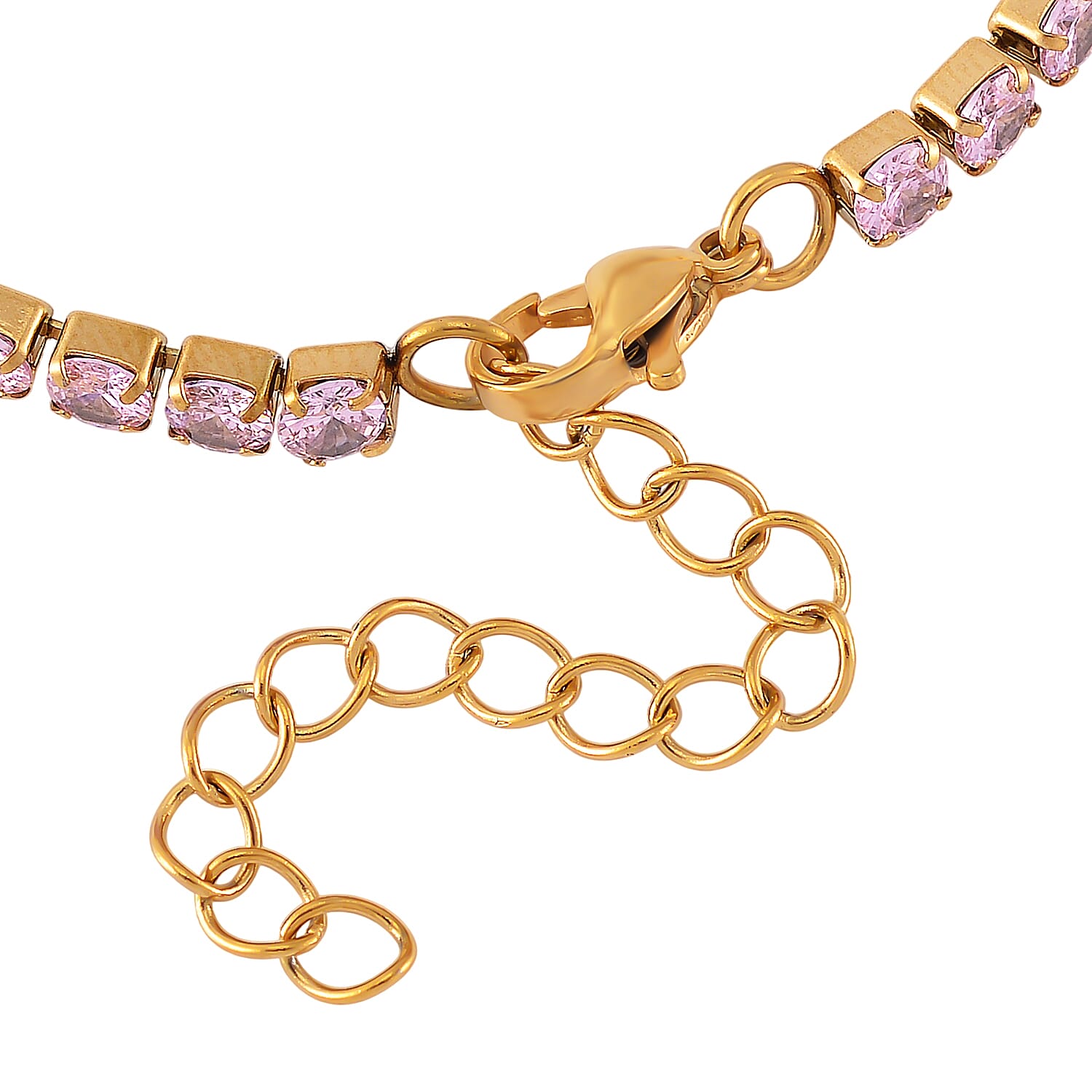 Simulated Pink Diamond Set of 2 Tennis and Curb Bracelet in ION Plated YG Stainless Steel (7.50-8.0In)