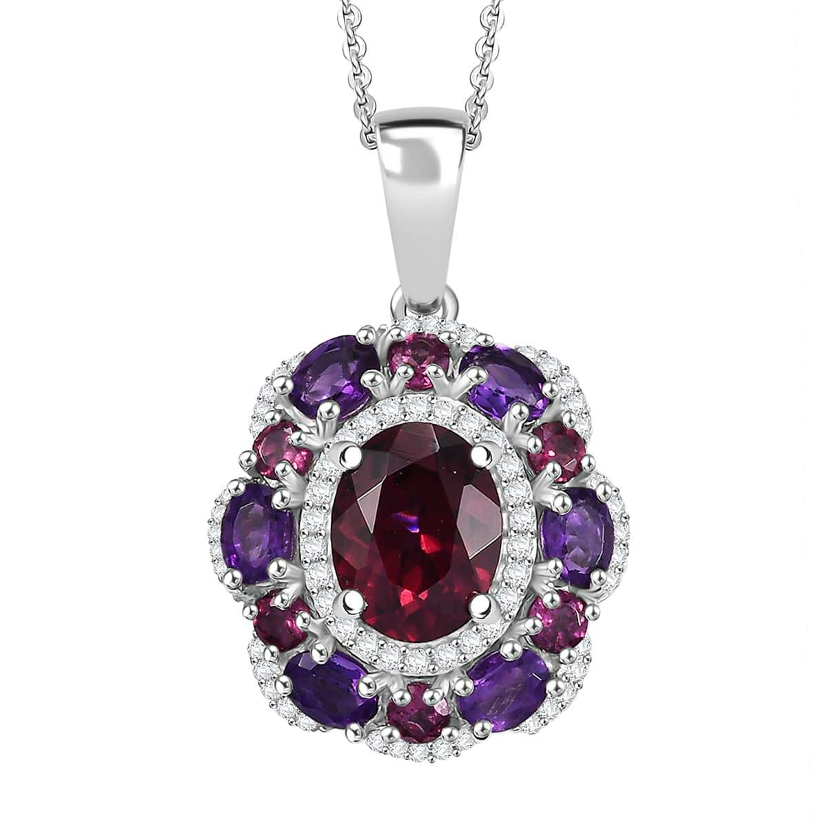 Premium Orissa Rhodolite Garnet and Multi Gemstone 4.00 ctw Twilight Bloom Pendant Necklace in Rhodium Over Sterling Silver 20 Inches image number 0