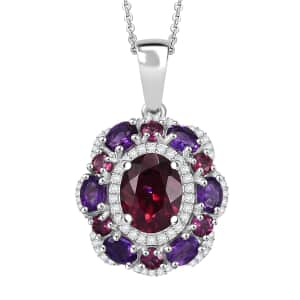 Premium Orissa Rhodolite Garnet and Multi Gemstone 4.00 ctw Twilight Bloom Pendant Necklace in Rhodium Over Sterling Silver 20 Inches