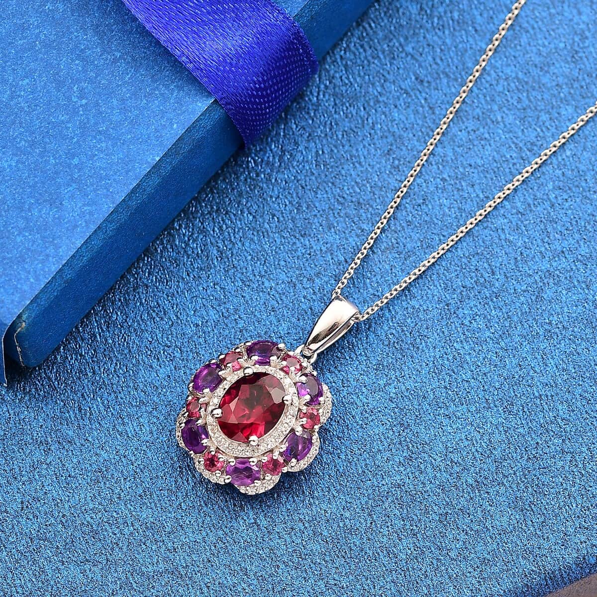 Premium Orissa Rhodolite Garnet and Multi Gemstone 4.00 ctw Twilight Bloom Pendant Necklace in Rhodium Over Sterling Silver 20 Inches image number 1