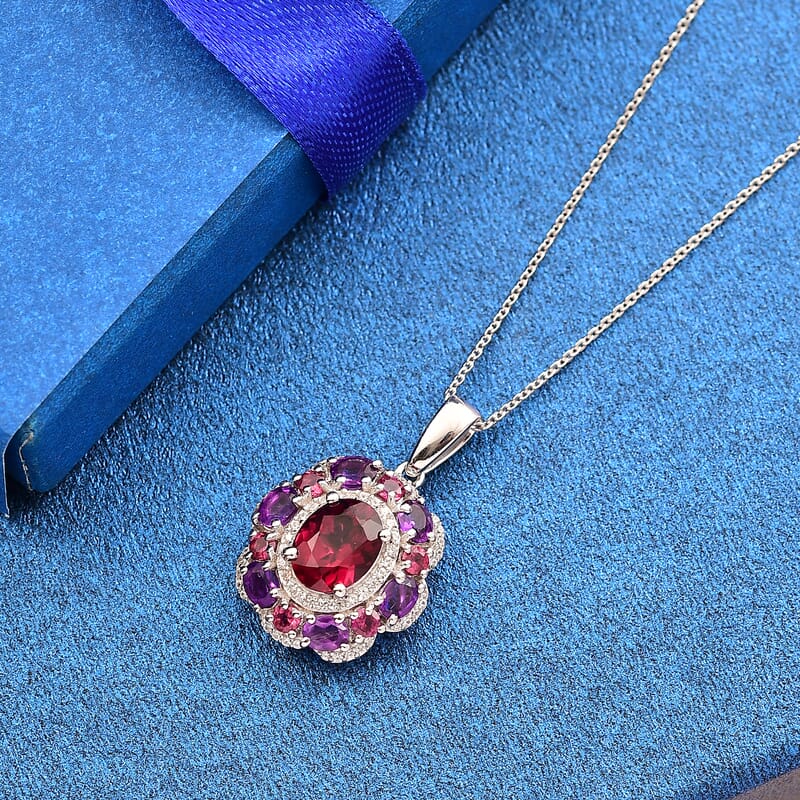 Premium Orissa Rhodolite Garnet and Multi Gemstone 4.00 ctw Twilight Bloom Pendant Necklace in Rhodium Over Sterling Silver 20 Inches
