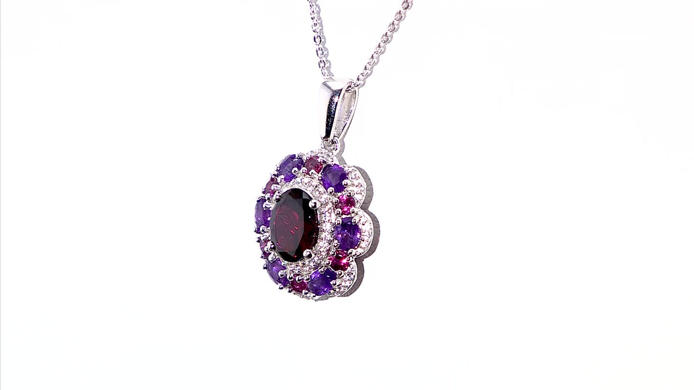 Premium Orissa Rhodolite Garnet and Multi Gemstone 4.00 ctw Twilight Bloom Pendant Necklace in Rhodium Over Sterling Silver 20 Inches