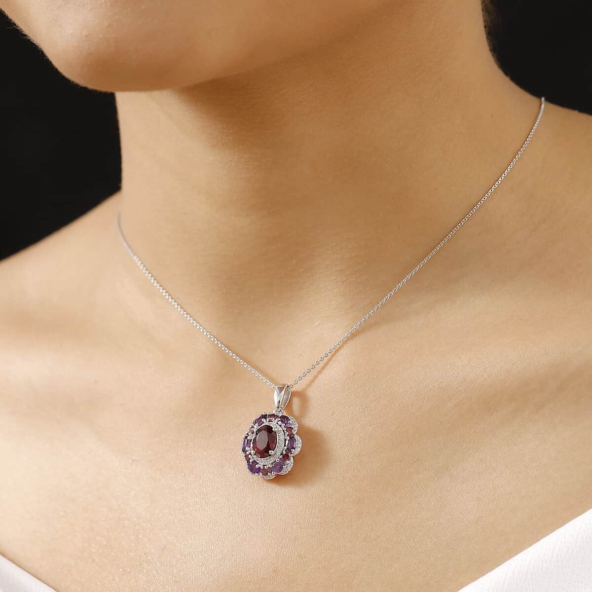 Premium Orissa Rhodolite Garnet and Multi Gemstone 4.00 ctw Twilight Bloom Pendant Necklace in Rhodium Over Sterling Silver 20 Inches image number 2