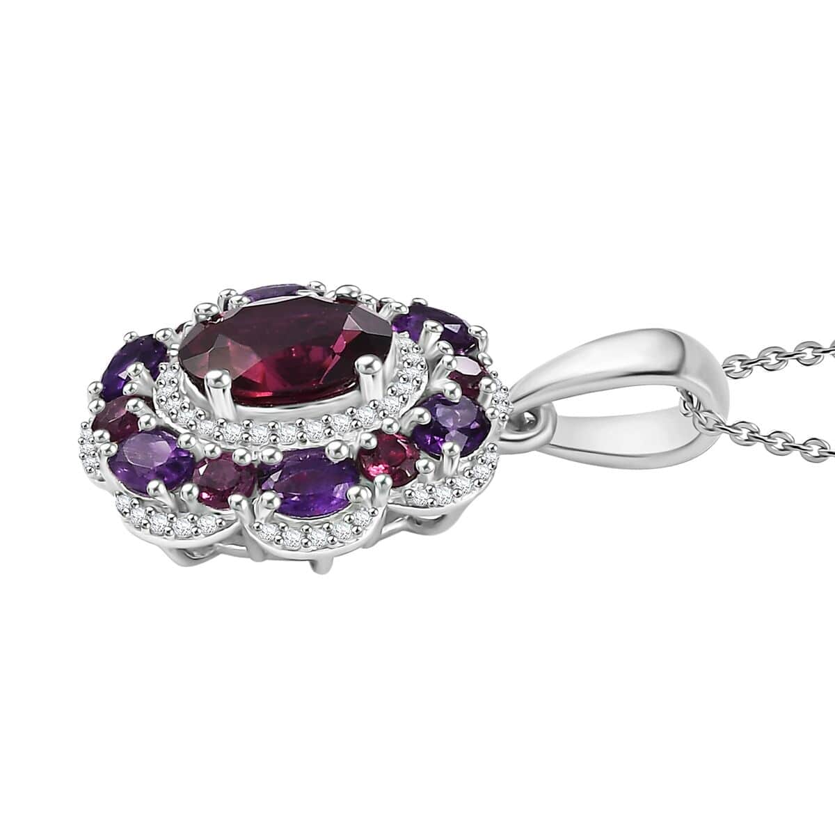 Premium Orissa Rhodolite Garnet and Multi Gemstone 4.00 ctw Twilight Bloom Pendant Necklace in Rhodium Over Sterling Silver 20 Inches image number 3