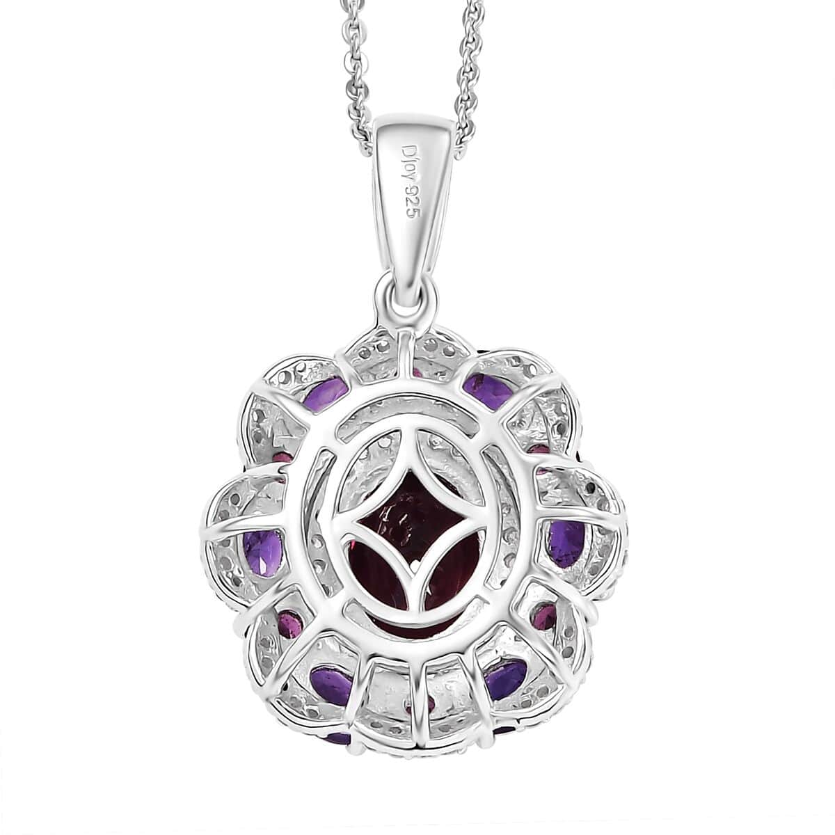 Premium Orissa Rhodolite Garnet and Multi Gemstone 4.00 ctw Twilight Bloom Pendant Necklace in Rhodium Over Sterling Silver 20 Inches image number 4