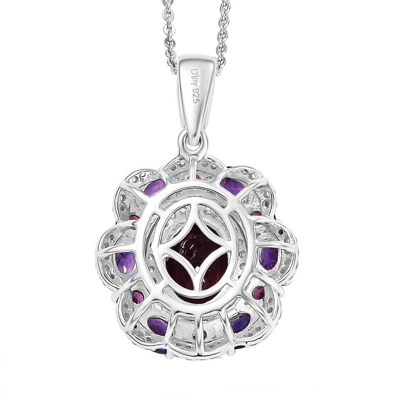 Premium Orissa Rhodolite Garnet and Multi Gemstone 4.00 ctw Twilight Bloom Pendant Necklace in Rhodium Over Sterling Silver 20 Inches