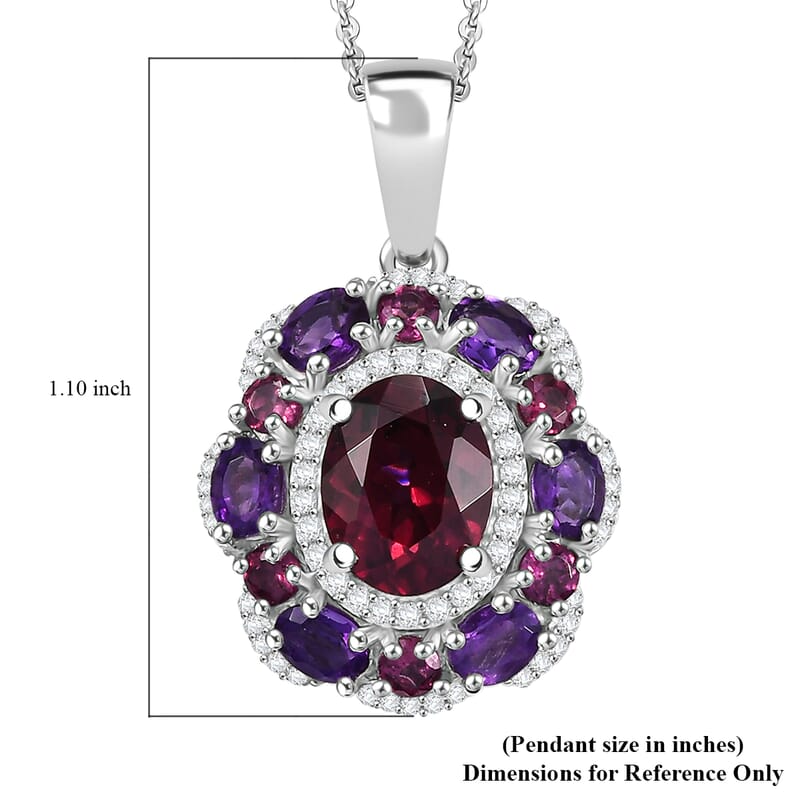 Premium Orissa Rhodolite Garnet and Multi Gemstone 4.00 ctw Twilight Bloom Pendant Necklace in Rhodium Over Sterling Silver 20 Inches