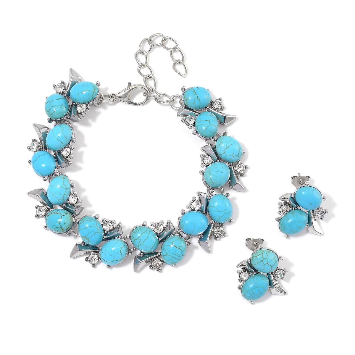 TLV Blue Howlite, White Crystal Bracelet (6.50In) and Earrings in Silvertone 90.00 ctw image number 0