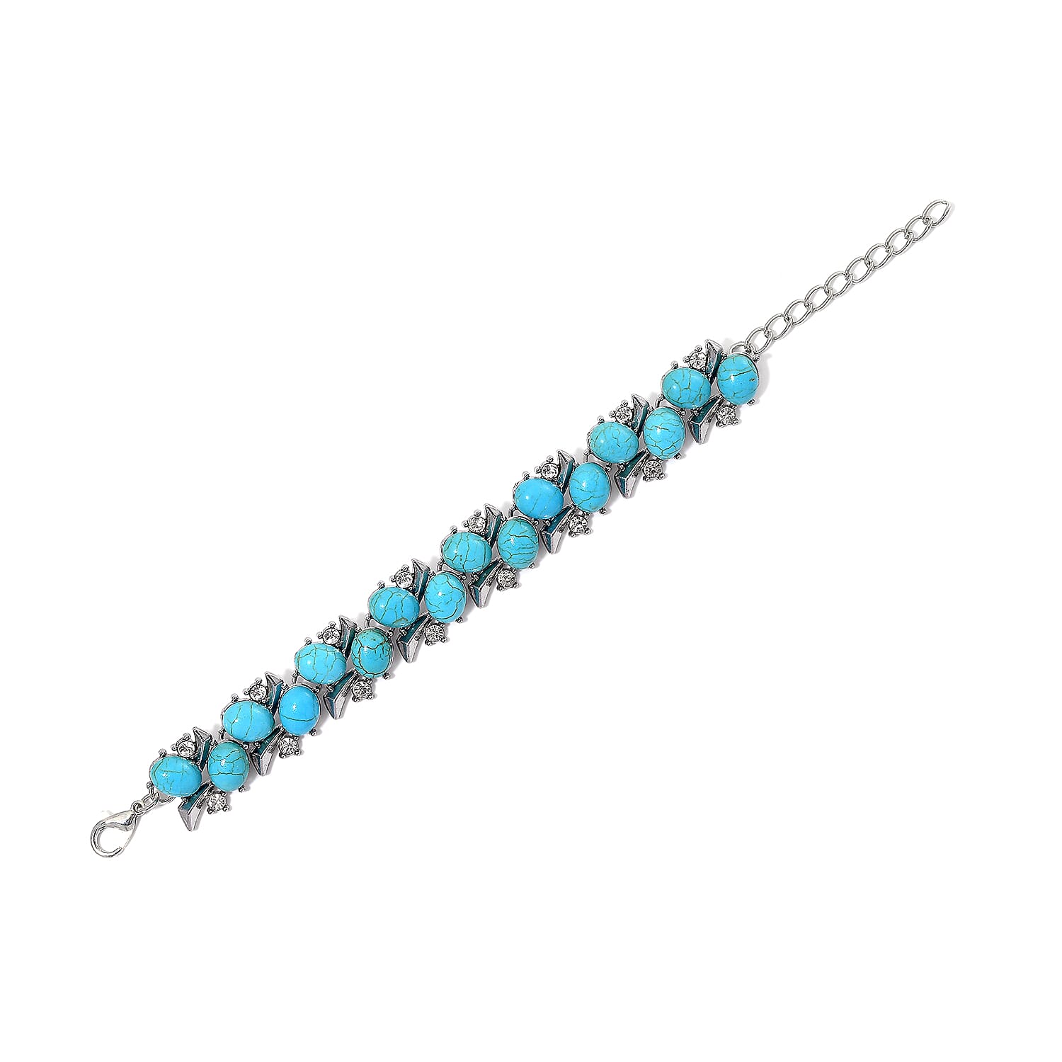 Blue Howlite and White Crystal 90.00 ctw Bracelet (6.50-8.0In) and Earrings in Silvertone