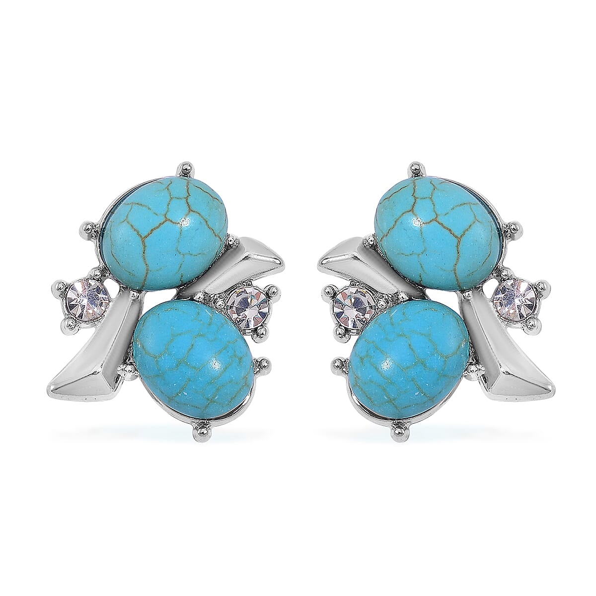 Blue Howlite and White Crystal 90.00 ctw Bracelet (6.50-8.0In) and Earrings in Silvertone