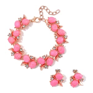 Pink Howlite and White Crystal 90.00 ctw Bracelet (6.50-8.0In) and Earrings in Rosetone