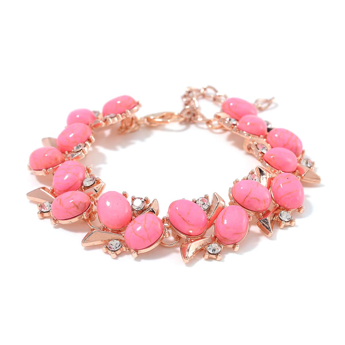 Pink Howlite and White Crystal 90.00 ctw Bracelet (6.50In) and Earrings in Rosetone image number 2