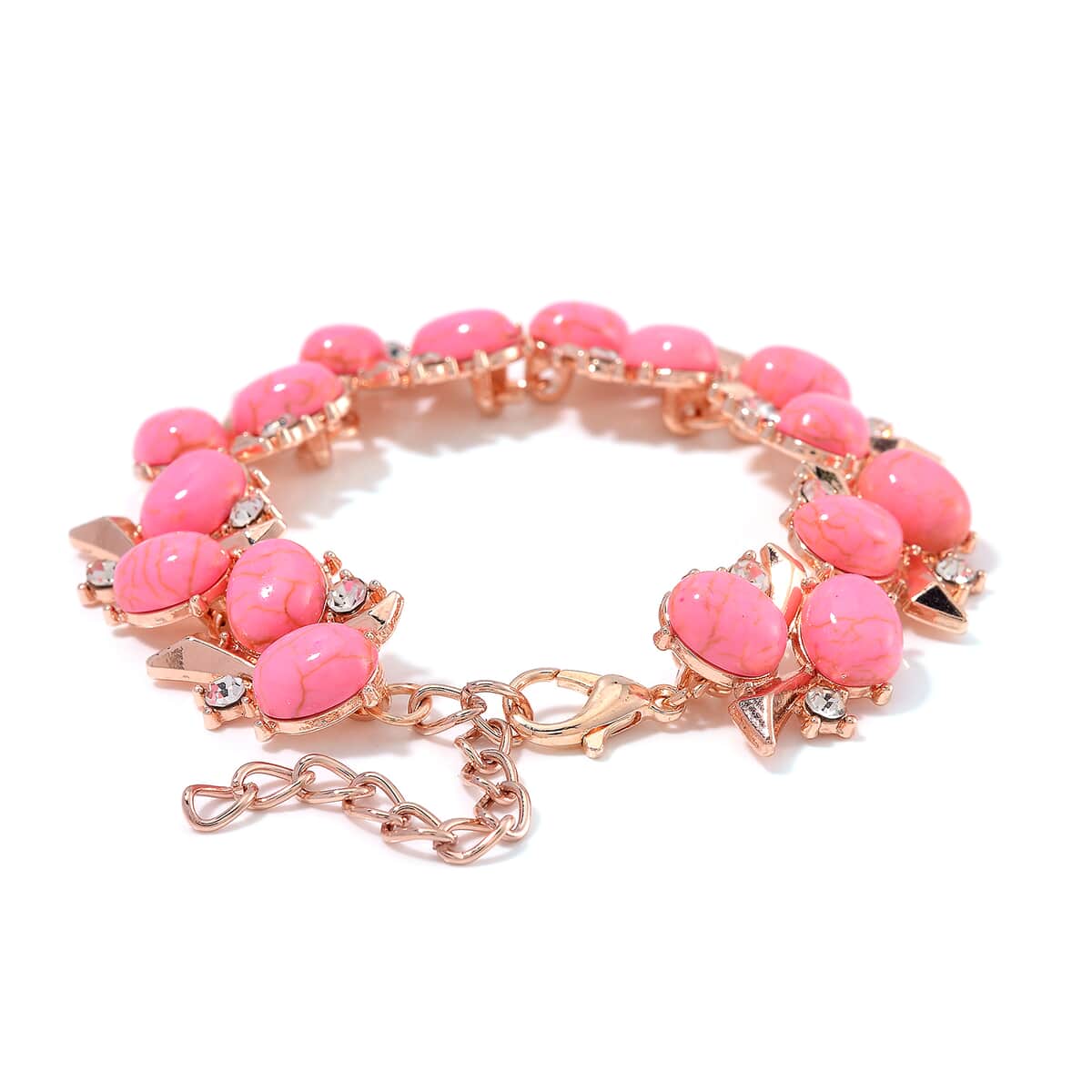 Pink Howlite and White Crystal 90.00 ctw Bracelet (6.50In) and Earrings in Rosetone image number 3