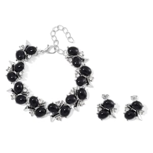 Black Howlite and White Crystal 90.00 ctw Bracelet (6.50-8.0In) and Earrings in Silvertone