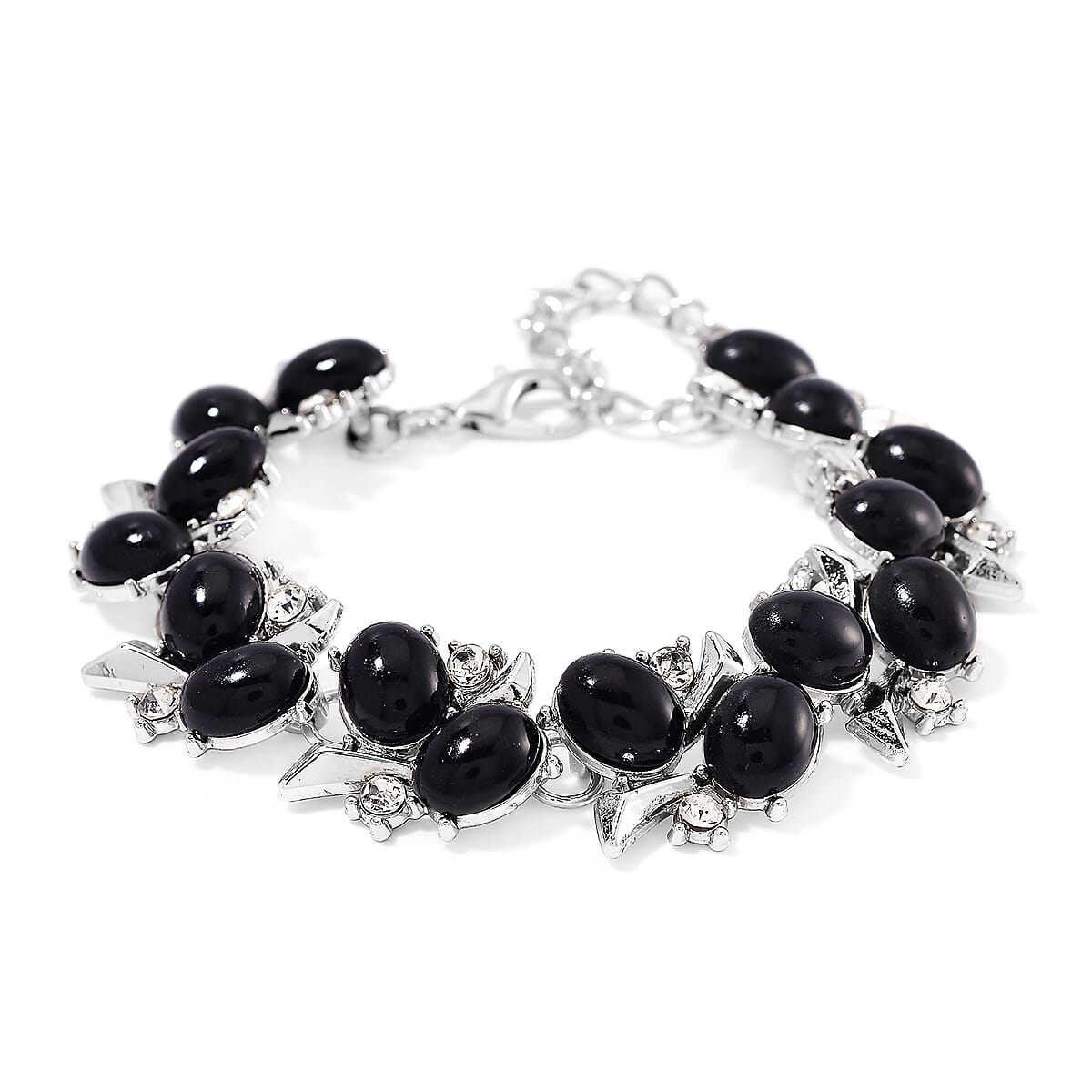 Constituted Black Howlite and White Crystal 90.00 ctw Bracelet (6.50-8.0In) and Earrings in Silvertone image number 2
