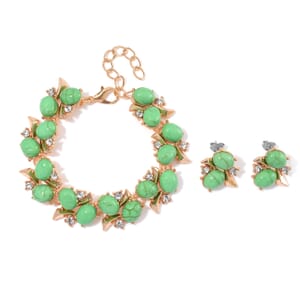 Green Howlite and White Crystal 90.00 ctw Bracelet (6.50-8.0In) and Earrings in Goldtone