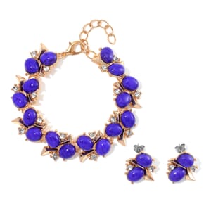 Purple Howlite and White Crystal 90.00 ctw Bracelet (6.50-8.0In) and Earrings in Goldtone
